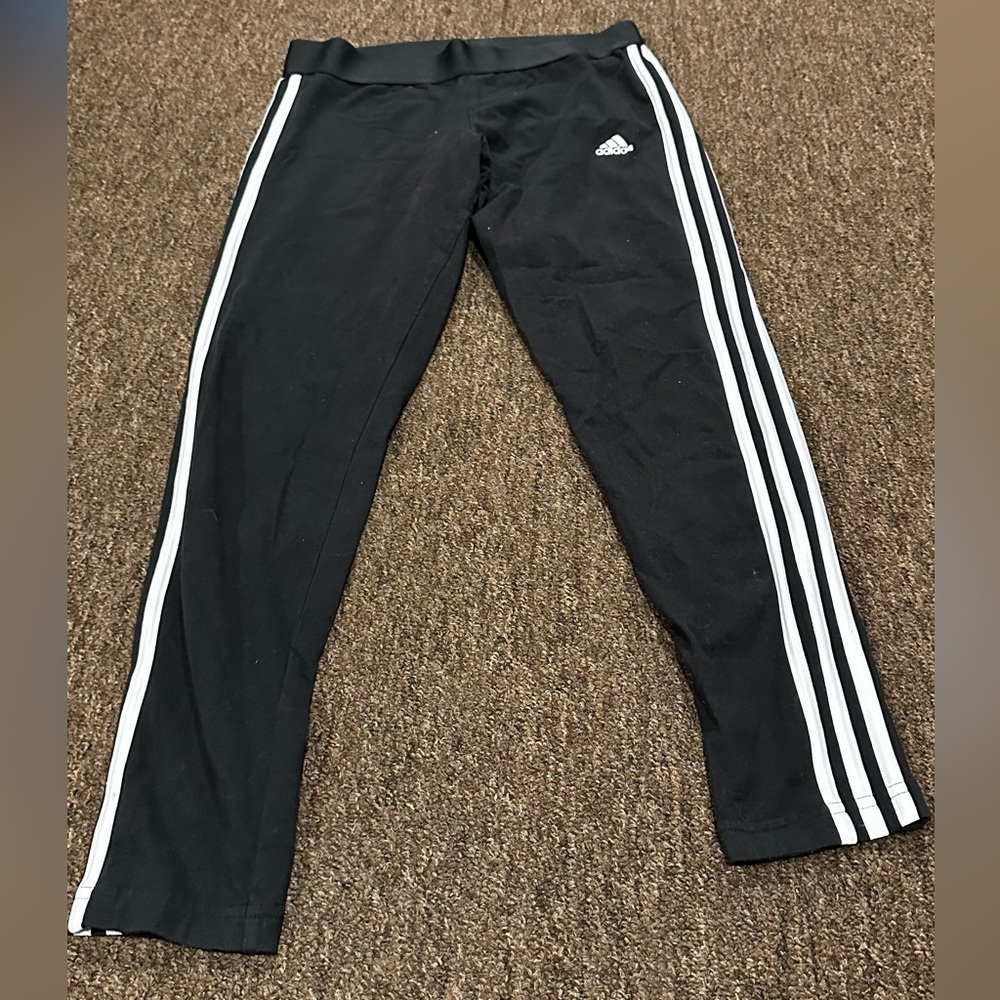 EUC Women’s L Adidas Black joggers exercise pants striped athletic bottoms run